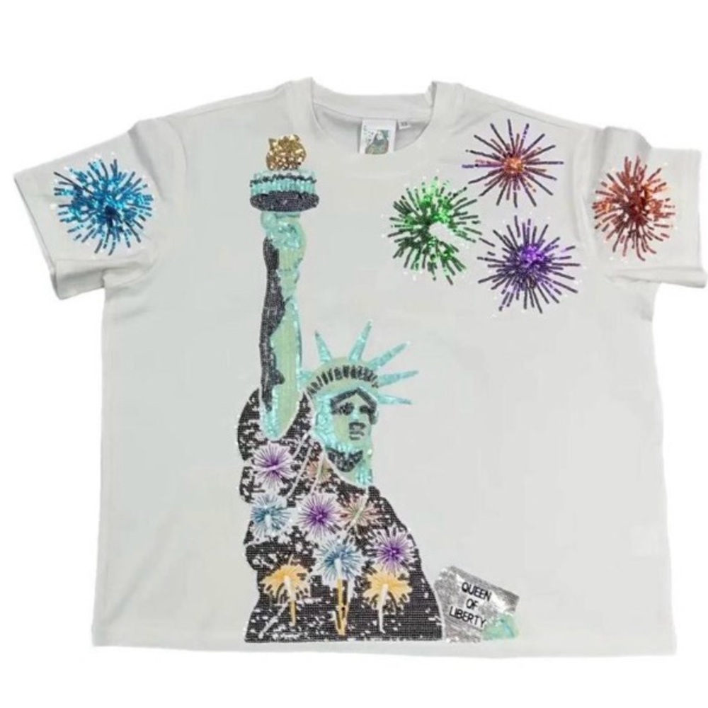 Queen of Sparkles Woman’s  White Statue of Liberty Sequin Tee